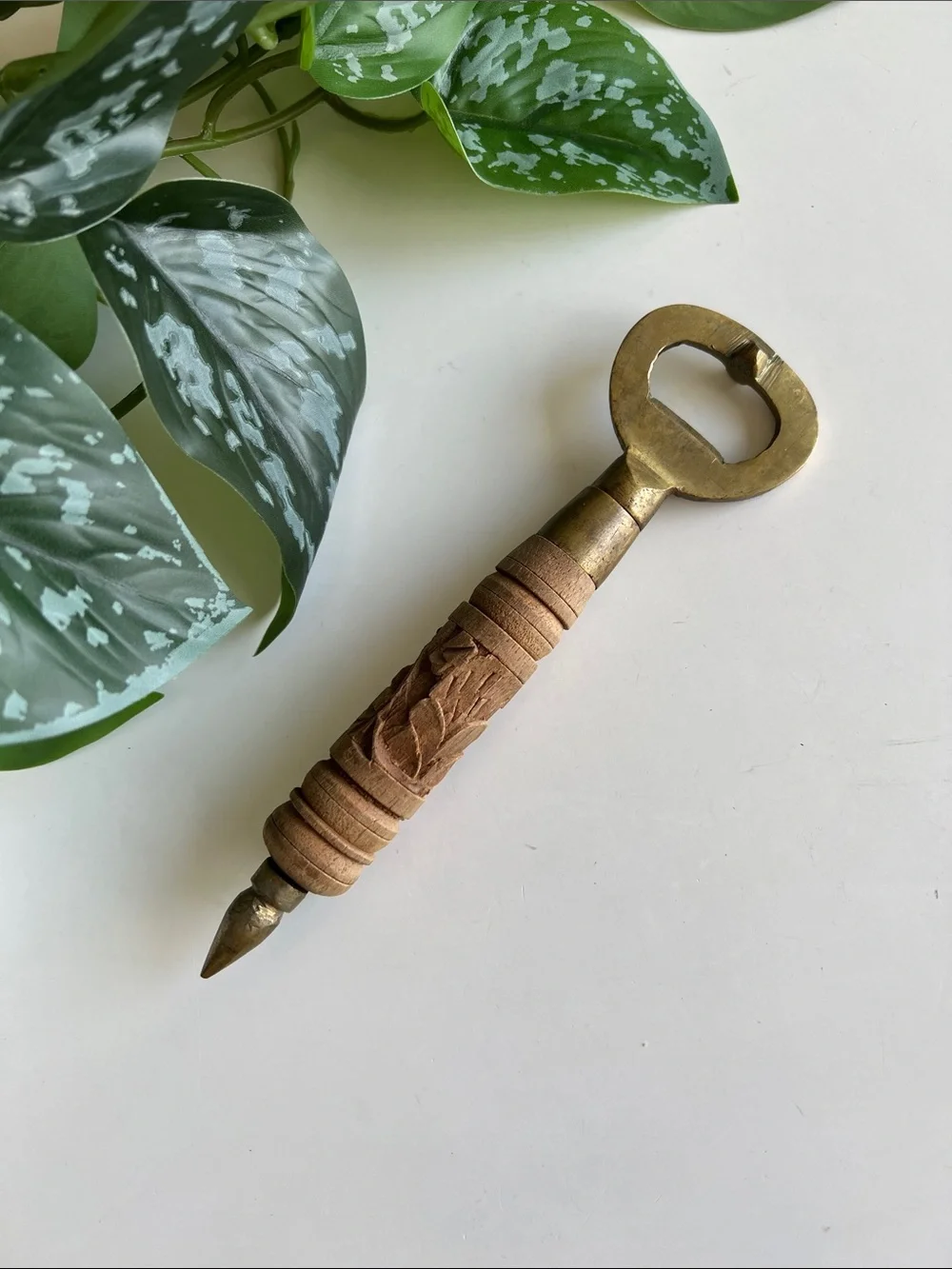 Vintage Brass Carved Wood Bottle Opener Barware